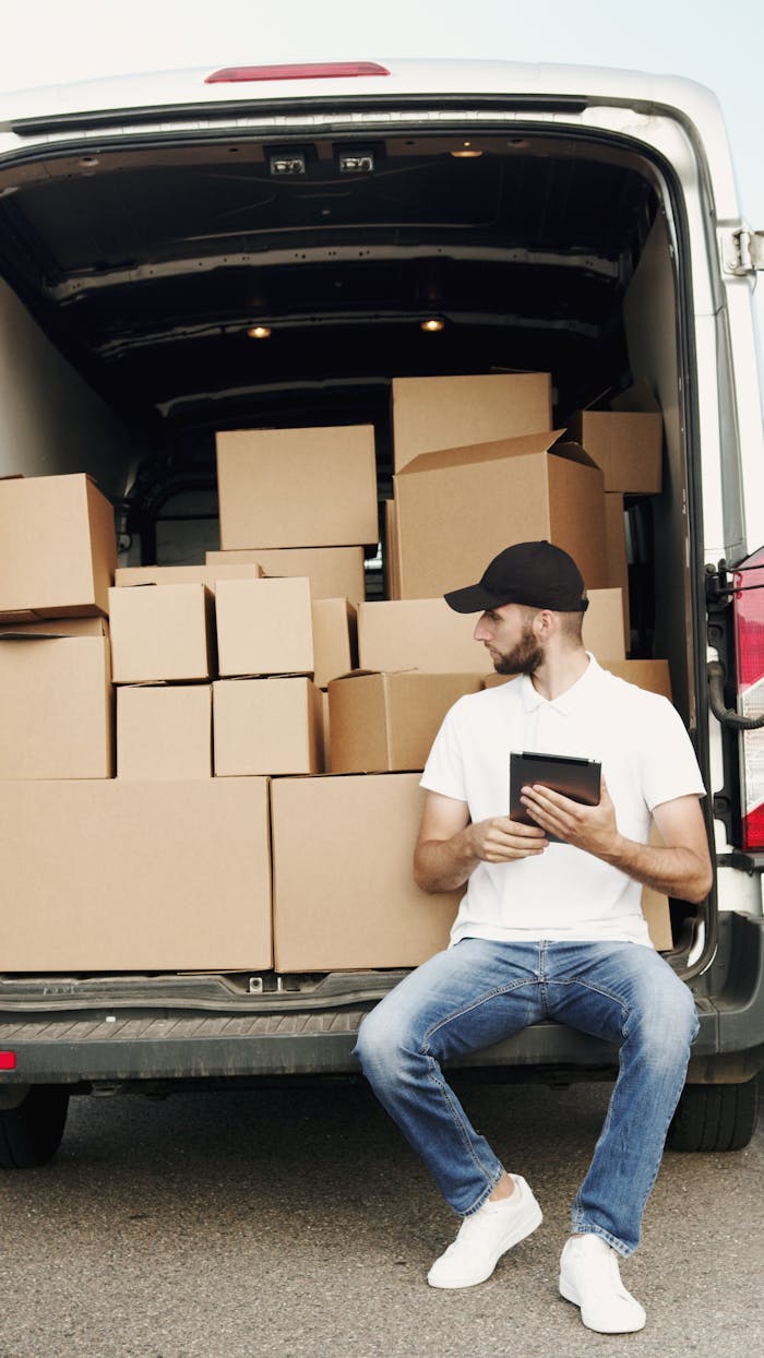 get-in-touch A courier sitting by a van filled with packages, using a digital tablet.