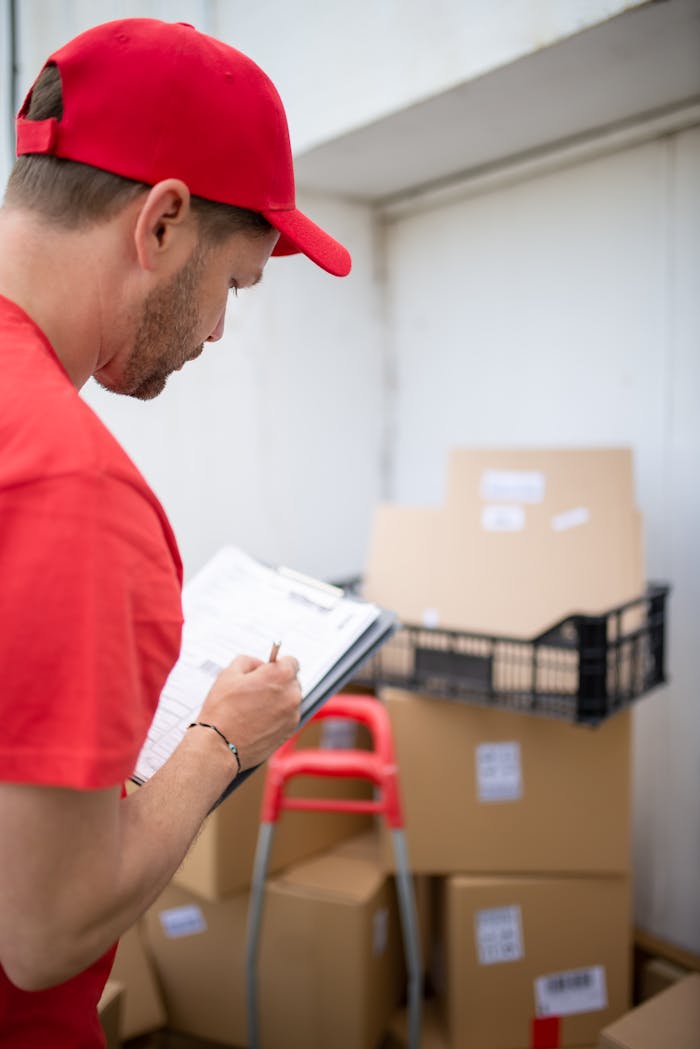 services-bg A courier in a red uniform checks inventory in a warehouse setting.